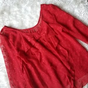 BCX sheer red 3/4 sleeve blouse with bow and dots low back size small